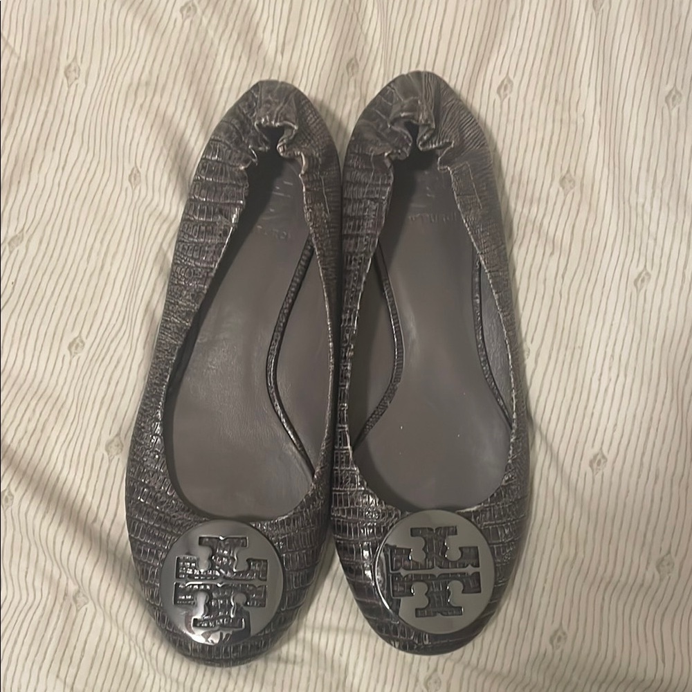 Tory Burch Gray Quilted Leather Flats